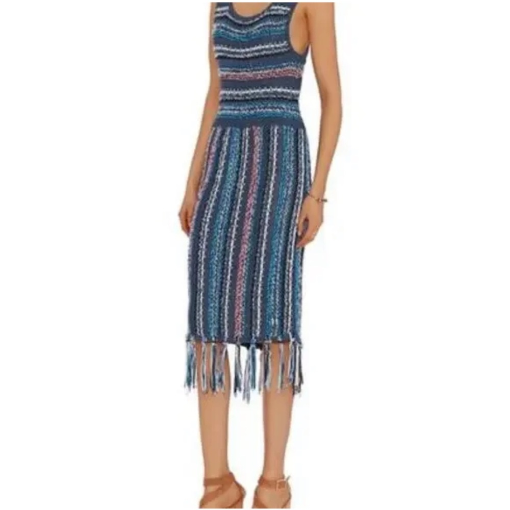 10 Crosby Derek Lam Dress Cotton Rib Knit Stripe Tassel Fringe Hem Midi Blue XS